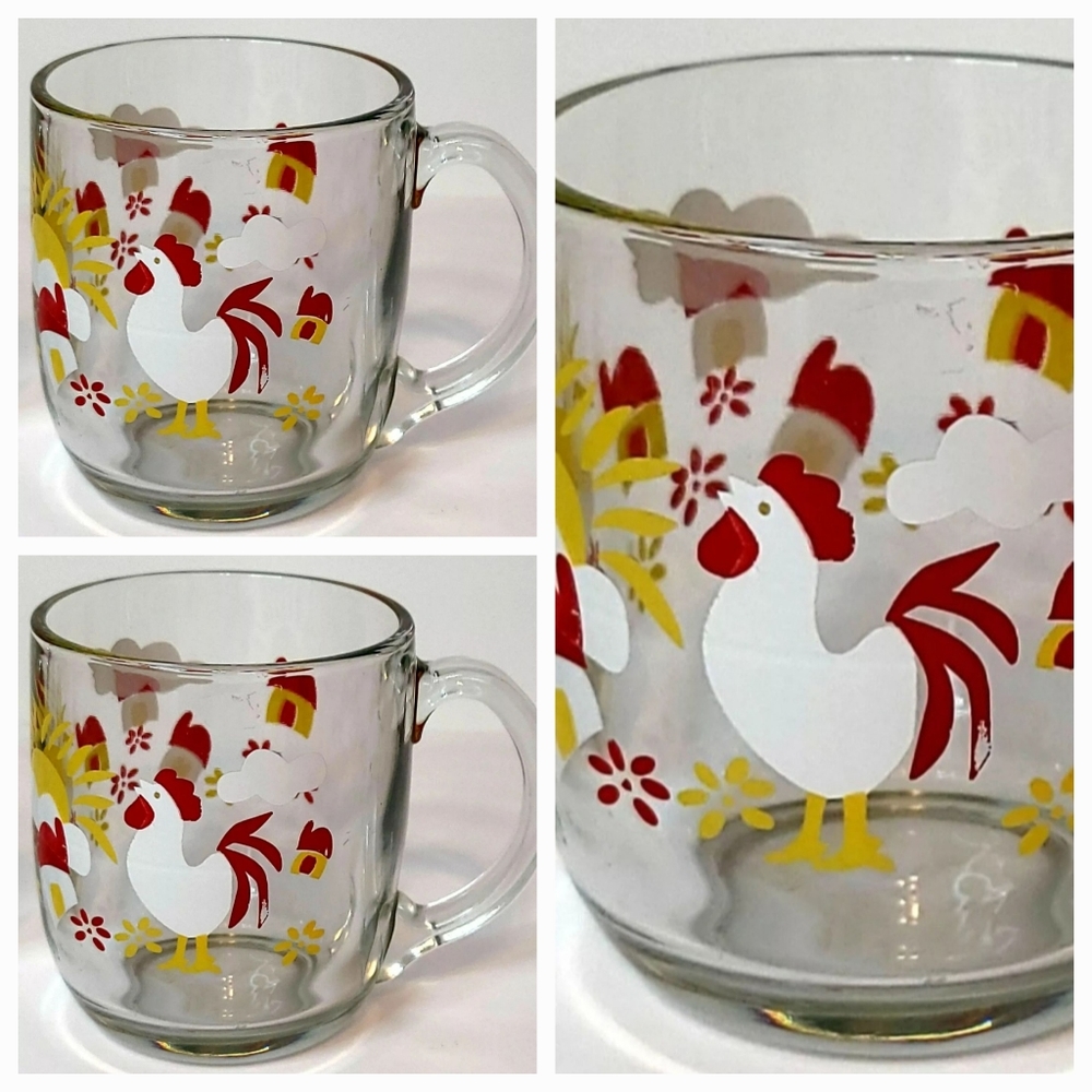 Vintage Set‎ of 3 Rooster Clear Glass Breakfast Glaases/Mugs.